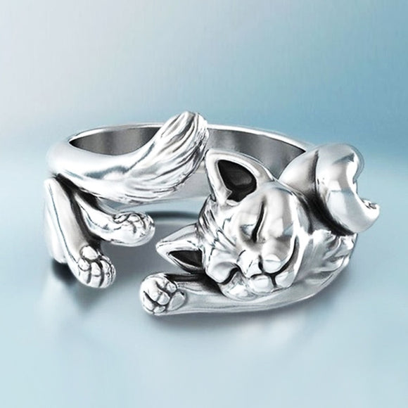 Huitan Cute Fortune Cat Shape Women Opening Rings Silver Color Dance Party Finger Ring Delicate Girl Gift New Fashion Jewelry - Presidential Brand (R)