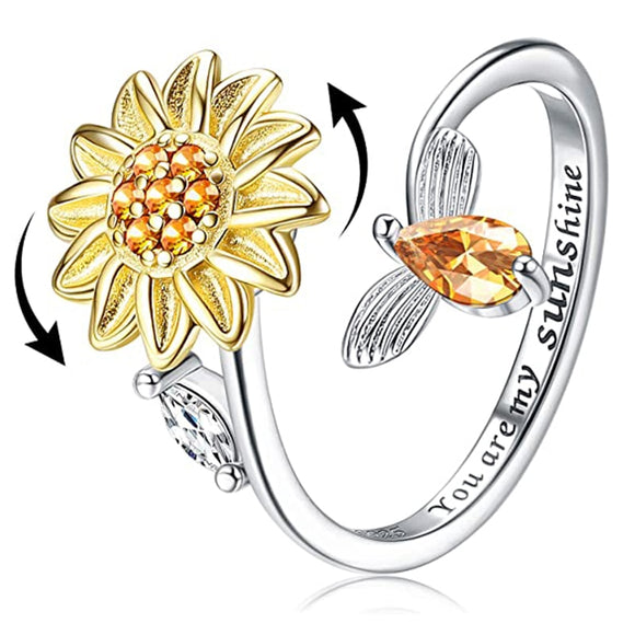 Fidget Spinner Rings for Women Sunflower Adjustable Open Ring You are My Sunshine Rotate Anti Stress Ring Valentine's Day Gfit
