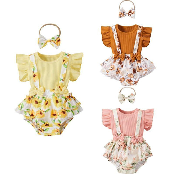 3 Colors Toddler Baby Girls Clothes Sets 3pcs Flower Printing Flying Sleeve Suspender Shorts Headband Set - Presidential Brand (R)