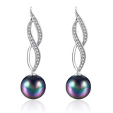 Micro Pav'e Simulated Dimaond Curved Inception Akoya Pearl Dangling Earrings Set in 18K White Gold - Presidential Brand (R)