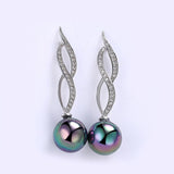 Micro Pav'e Simulated Dimaond Curved Inception Akoya Pearl Dangling Earrings Set in 18K White Gold - Presidential Brand (R)