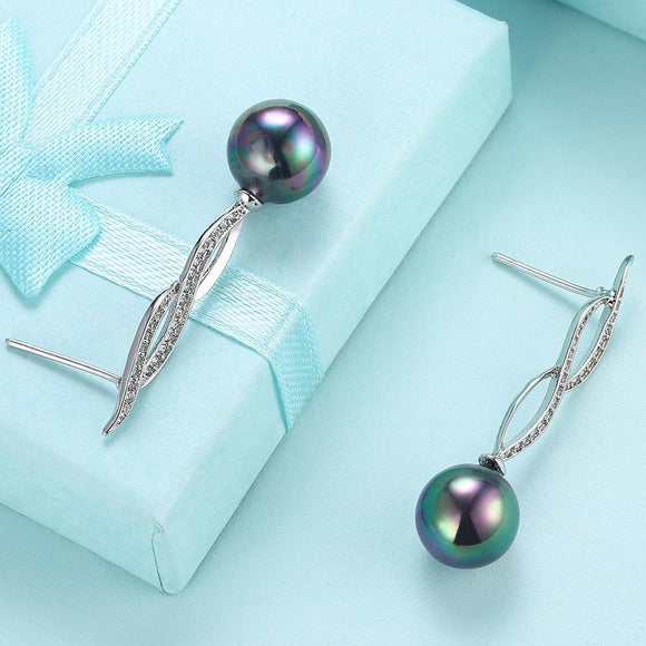 Micro Pav'e Simulated Dimaond Curved Inception Akoya Pearl Dangling Earrings Set in 18K White Gold - Presidential Brand (R)