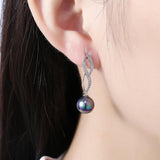 Micro Pav'e Simulated Dimaond Curved Inception Akoya Pearl Dangling Earrings Set in 18K White Gold - Presidential Brand (R)
