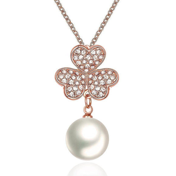 18K Rose Gold Plated Pave Lucky Clover with Imitation Pearl  Necklace - Presidential Brand (R)