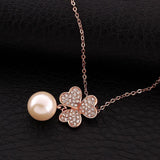 18K Rose Gold Plated Pave Lucky Clover with Imitation Pearl  Necklace - Presidential Brand (R)