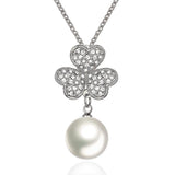 18K White Gold Plated Pave Lucky Clover with Imitation Pearl Necklace - Presidential Brand (R)
