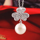 18K White Gold Plated Pave Lucky Clover with Imitation Pearl Necklace - Presidential Brand (R)