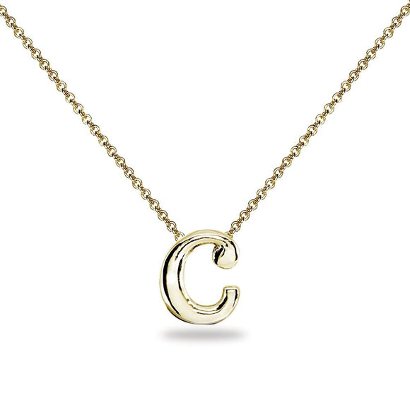 Yellow Gold Flashed Sterling Silver C Letter Initial Alphabet Name Personalized 925 Silver Necklace, 15” + Extender - Presidential Brand (R)