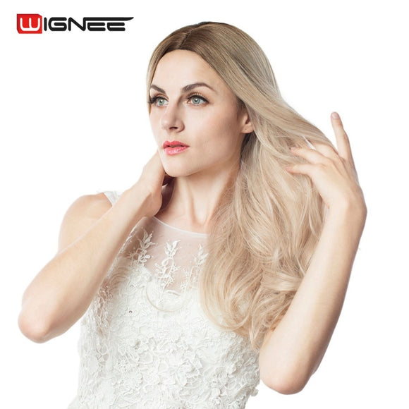 Wignee Long 2 Tone Ombre Brown Ash Blonde Temperature Synthetic Wigs For Black/White Women Glueless Wavy Daily/Cosplay Hair Wig - Presidential Brand (R)