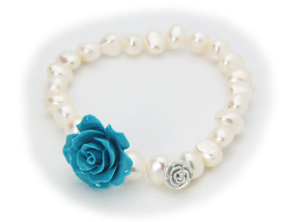 Powder Blue Ceramic Rose Fresh Water Pearl Stretch Bracelet in Sterling Silver - Presidential Brand (R)