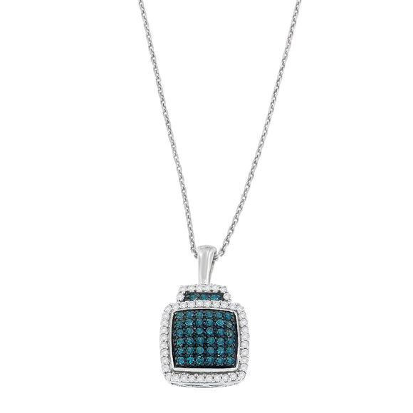 Sterling Silver 0.5 ct TDW Round Cut White and Treated Blue Diamond Block Pendant Necklace (I-J, I1-I2) - Presidential Brand (R)