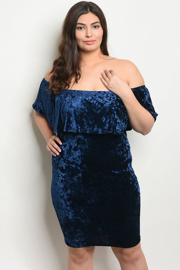 Women's Plus Size Navy Short Sleeve Off The Shoulder Ruffled Velvet Dress(6 pcs/ Bundle) - Presidential Brand (R)