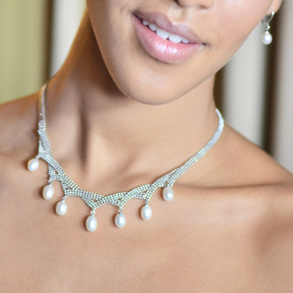 Grace Pearl and Silver Mesh Princess Necklace - Presidential Brand (R)