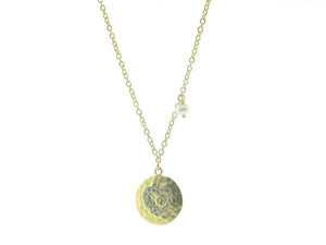 Hammered CZ Heart Pendant with Dangling Pearl Necklace in Vermeil, 16" + 2" - Presidential Brand (R)