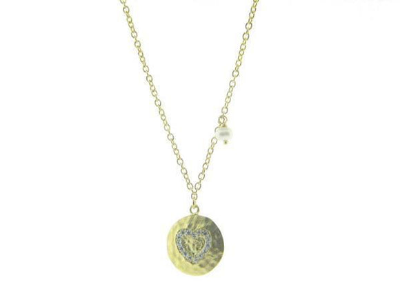 Hammered CZ Heart Pendant with Dangling Pearl Necklace in Vermeil, 16