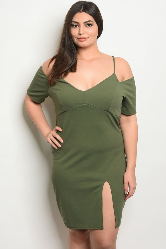 Women's Plus Size Olive Fitted Dress With V-Neck Short Sleeve Cold Shoulder Dress with Font Slit(6 pcs/ Bundle) - Presidential Brand (R)