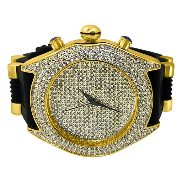 Full Dial and Triple Bezel Icey Watch Rubber Band Gold - Presidential Brand (R)