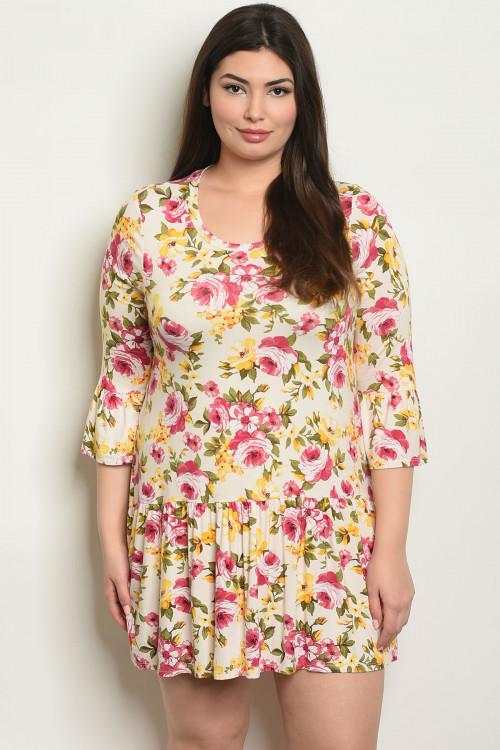 Women's Plus Size Ivory Floral 3/4 Sleeve Scoop Neck Floral Tunic Dress(6 pcs/ Bundle) - Presidential Brand (R)