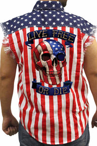 Men's USA Flag Sleeveless Denim Shirt Live Free or Die Skull Biker - Presidential Brand (R)