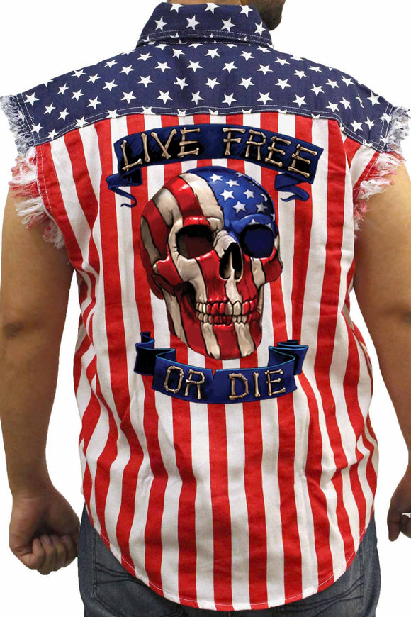 Men's USA Flag Sleeveless Denim Shirt Live Free or Die Skull Biker - Presidential Brand (R)