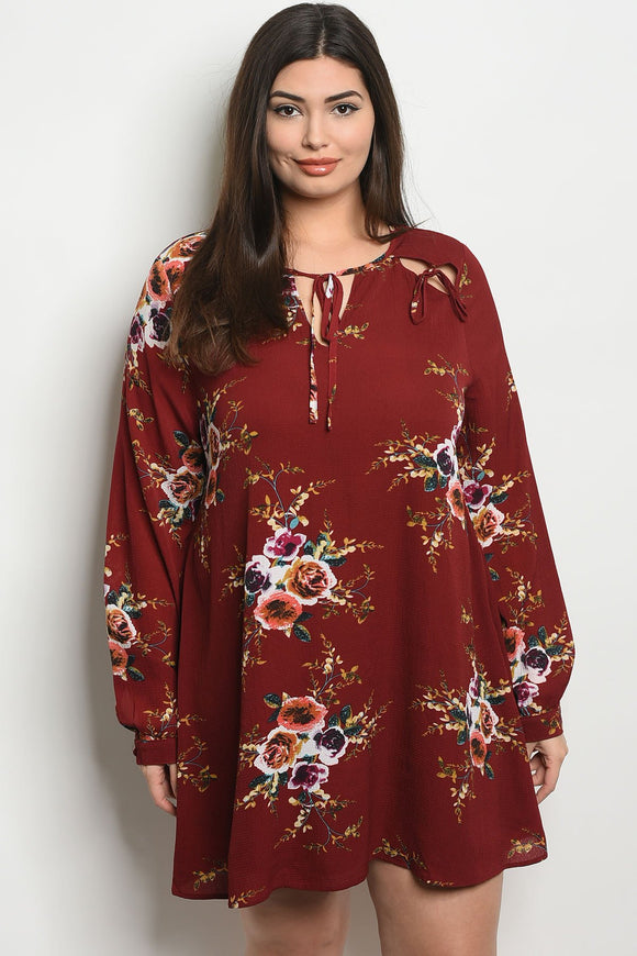 Women's Plus Size Wine Floral Long Sleeve Scoop Neck Floral Tunic Dress(6 pcs/ Bundle) - Presidential Brand (R)