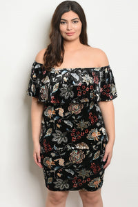 Women's Plus Size Black Floral Short Sleeve Off The Shoulder Ruffled Velvet Dress(6 pcs/ Bundle) - Presidential Brand (R)