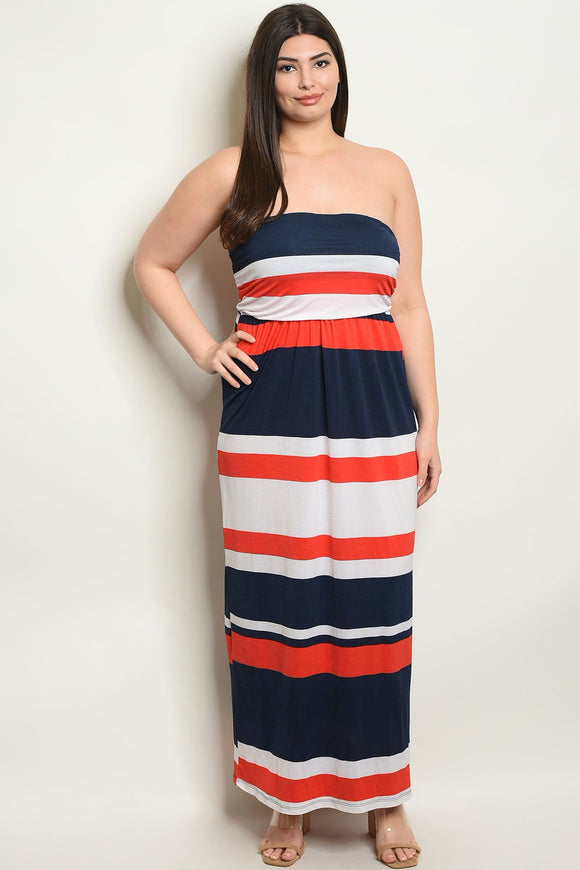 Women's Plus Size Navy Orange Sleeveless tube Striped Jersey Maxi Dress(6 pcs/ Bundle) - Presidential Brand (R)