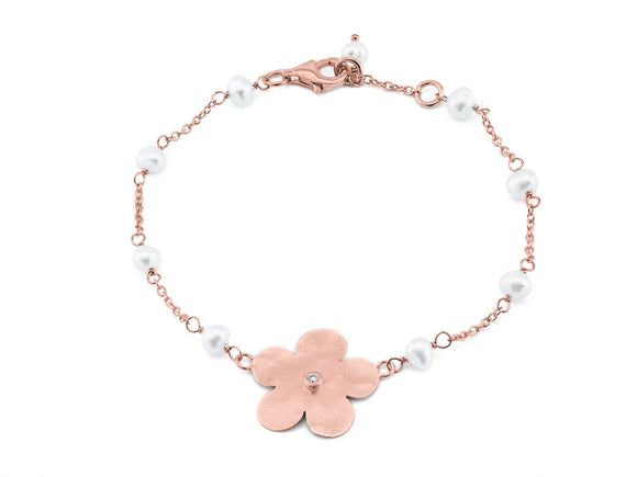 Fronay Co .925 Sterling Silver Hammered Flower and Freshwater Cultured Pearls Bracelet dipped in Rose Gold, 6.5