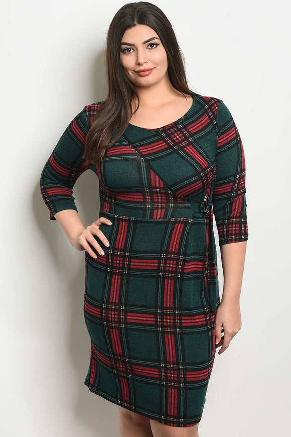 Women's Plus Size Green Red 3/4 Sleeve Scoop Neck Slub Knit Tunic Plaid Dress(6 pcs/ Bundle) - Presidential Brand (R)