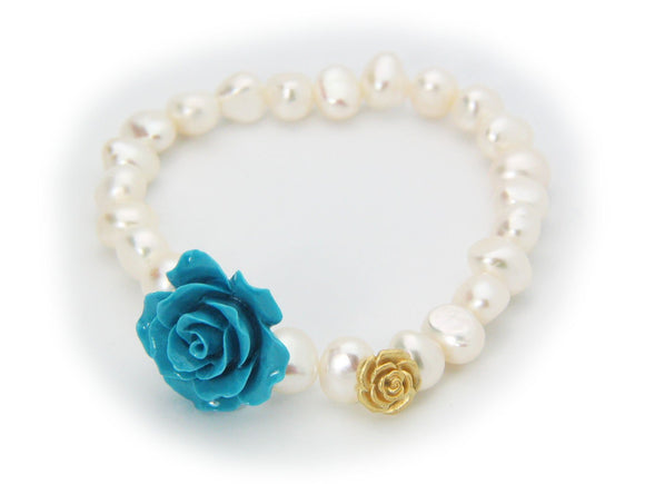 Powder Blue Ceramic Rose Fresh Water Pearl Stretch Bracelet in Sterling Silver - Presidential Brand (R)