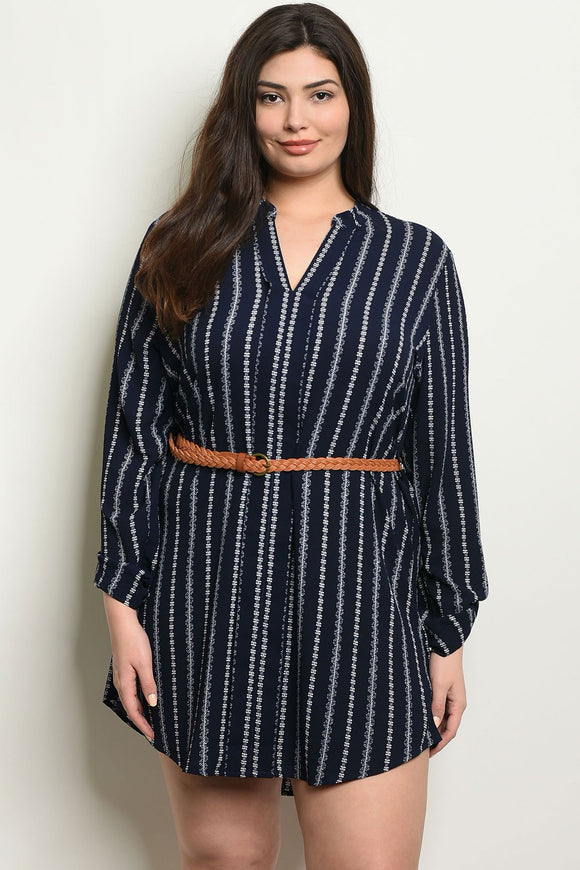 Women's Plus Size Navy Ivory Long Sleeve Striped Belted Tunic Shirt Dress(6 pcs/ Bundle) - Presidential Brand (R)