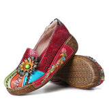 SOCOFY Retro Floral Embossed Genuine Leather Casual Slip On Platform Shoes - Presidential Brand (R)