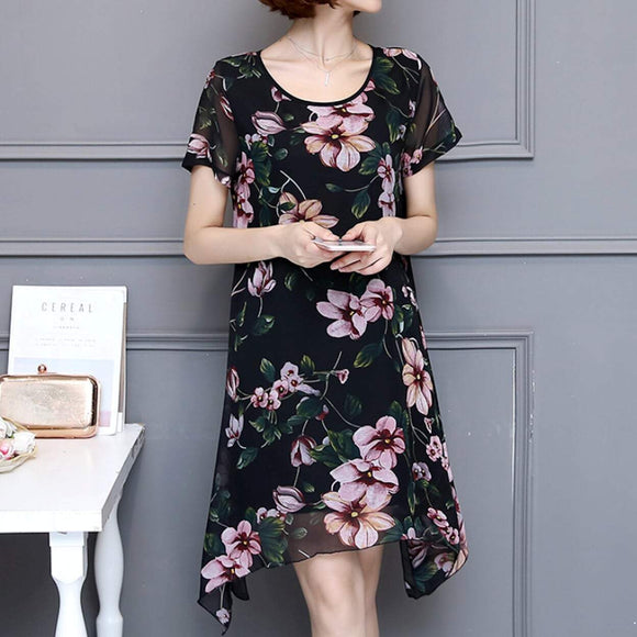 Women Uneven Short Sleeve Floral Dress - Presidential Brand (R)