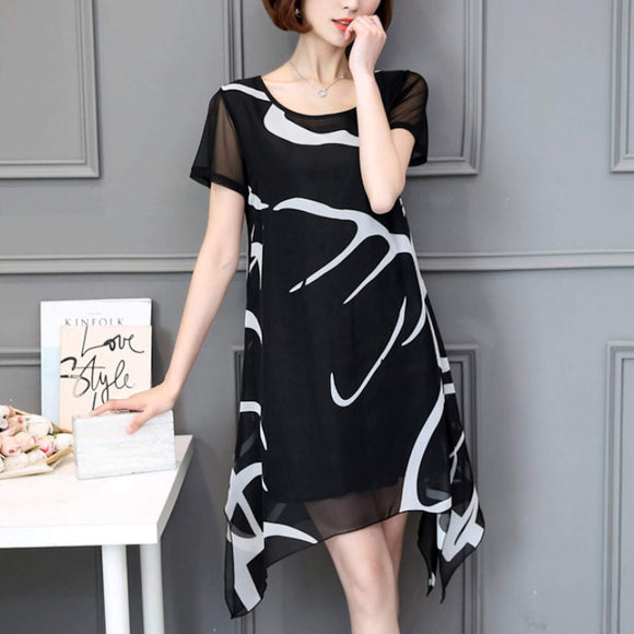 Womens Uneven Black and White Chiffon Dress - Presidential Brand (R)