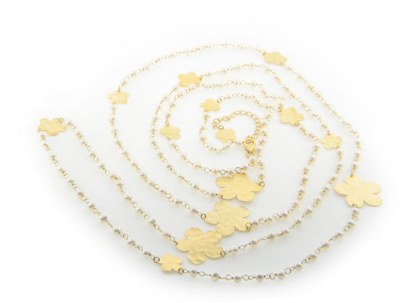 Hammered Golden Flowers and Freshwater Cultured Pearls Necklace, 62