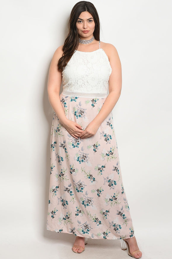 Women's Plus Size White Pink Teal Sleeveless Round Neck Floral Print Maxi Dress(6 pcs/ Bundle) - Presidential Brand (R)