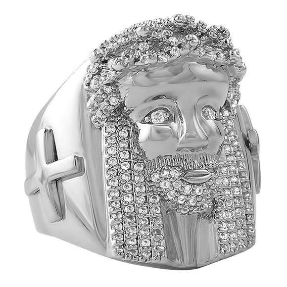 CZ Rhodium Jesus Face Ring - Presidential Brand (R)