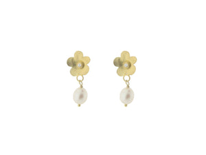 Golden Flower Earrings: Sterling Silver & Cultured freshwater pearl - Presidential Brand (R)