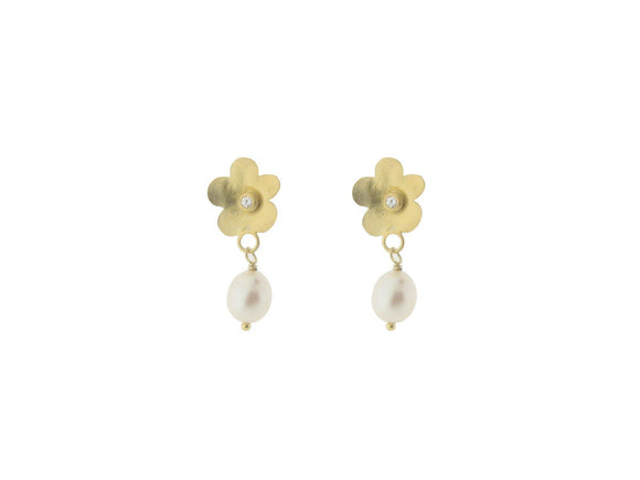 Golden Flower Earrings: Sterling Silver & Cultured freshwater pearl - Presidential Brand (R)
