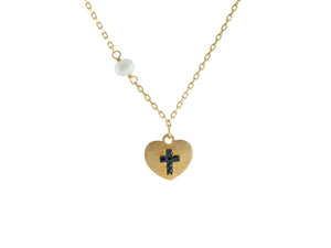 14k Gold Plated Silver Satin Heart w/ engraved Black Cross & Dangling Pearl Necklace, 15.5" - Presidential Brand (R)