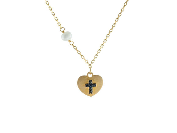 14k Gold Plated Silver Satin Heart w/ engraved Black Cross & Dangling Pearl Necklace, 15.5