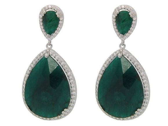 Platinum Plated Sterling Silver Almond Drop Emerald Corundum Drop Earrings - Presidential Brand (R)