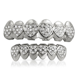 Heart Teeth Silver Grillz Top Bottom Set - Presidential Brand (R)