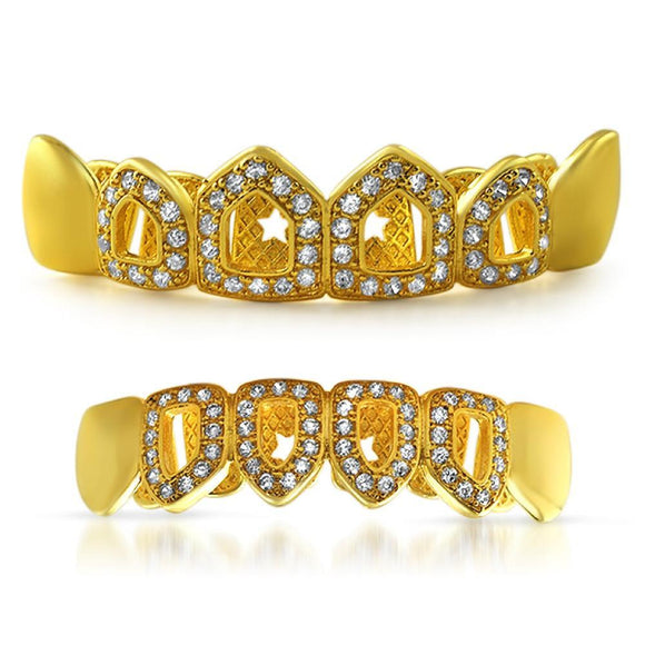 Polished 4 Open Tooth Bling CZ Gold Grillz Set - Presidential Brand (R)
