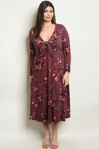 Women's Plus Size Plum Floral Long Sleeve V-Neck Floral Print Midi Dress(6 pcs/ Bundle) - Presidential Brand (R)