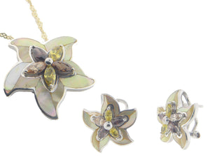 Vintage Flower Mother of Pearl Earring and Pendant Set   925 Sterling Silver Cubic Zirconias - Presidential Brand (R)