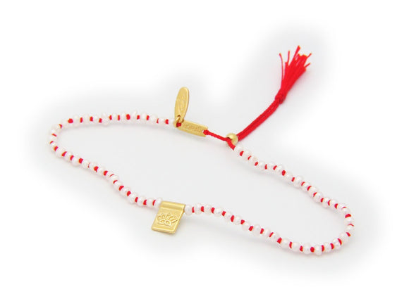 Lotus Flower & Pearls Red Cord Bracelet in Gold Plated Silver - Presidential Brand (R)