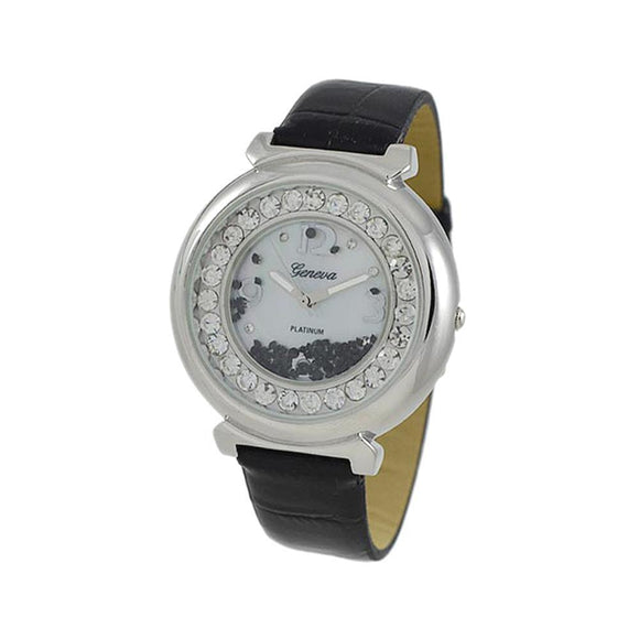 Floating Ice Round Watch Black Leather Band - Presidential Brand (R)