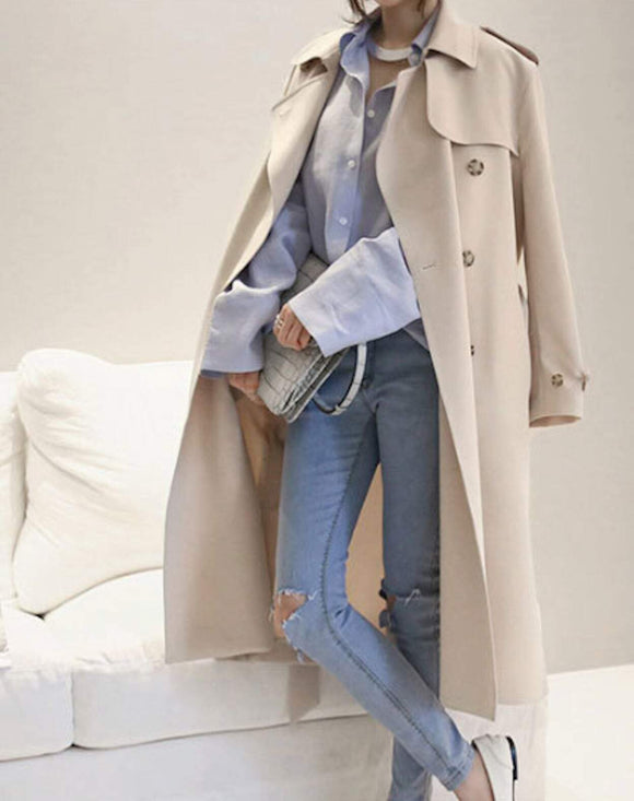 Womens Double Breasted Long Trench with Side Button Details - Presidential Brand (R)