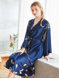 Red Long Sleeve Floral Bridal Silk Kimono Nightgown Robes - Presidential Brand (R)